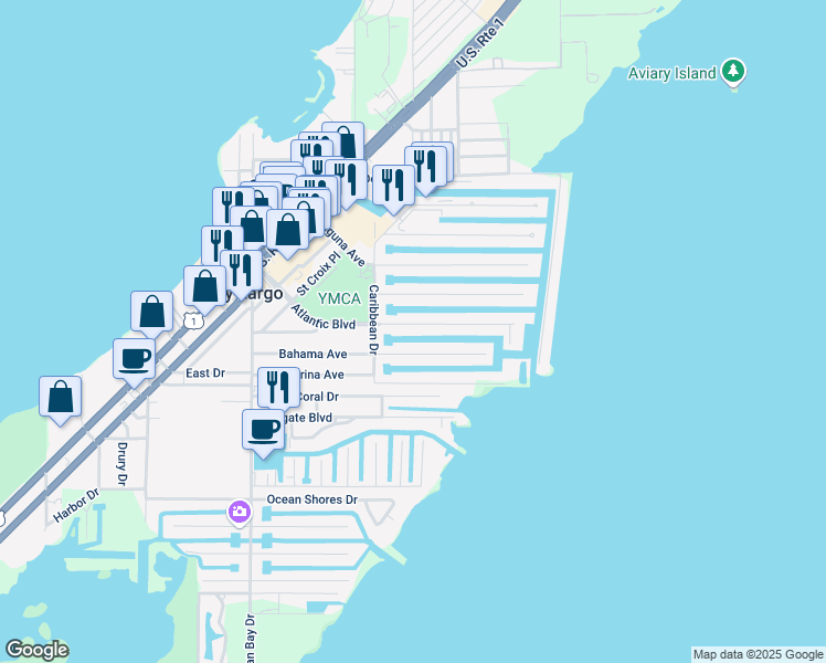 map of restaurants, bars, coffee shops, grocery stores, and more near 236 Atlantic Boulevard in Key Largo