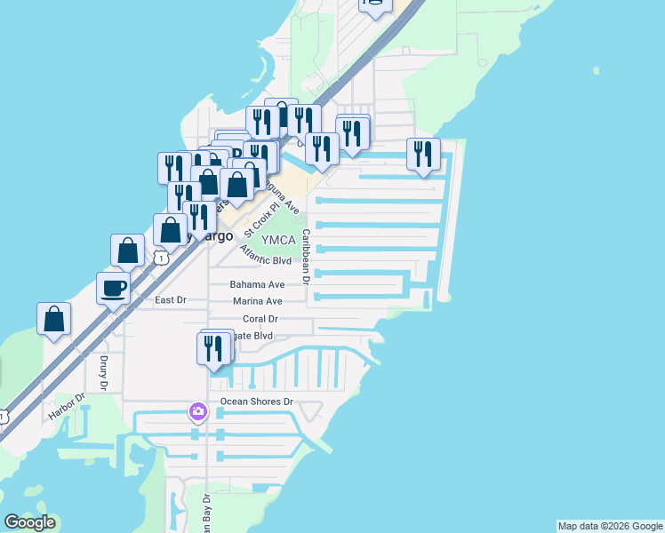 map of restaurants, bars, coffee shops, grocery stores, and more near 203 Atlantic Boulevard in Key Largo