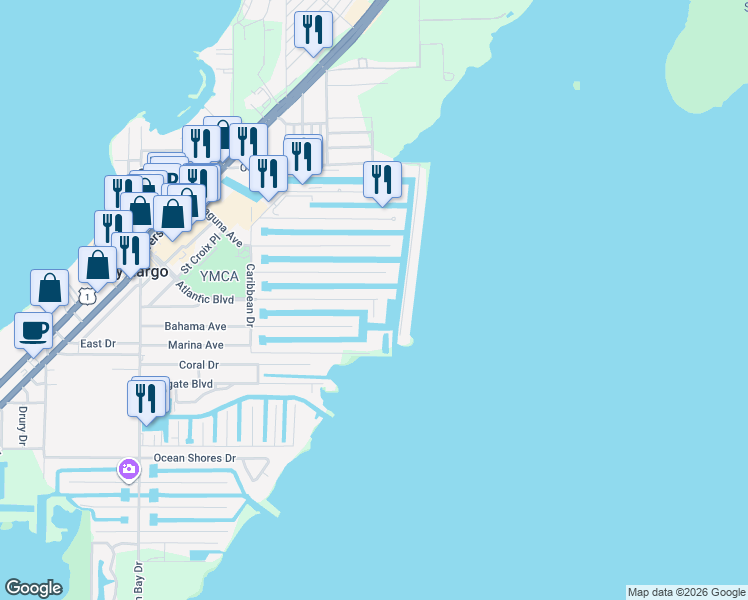 map of restaurants, bars, coffee shops, grocery stores, and more near 185 Atlantic Boulevard in Key Largo