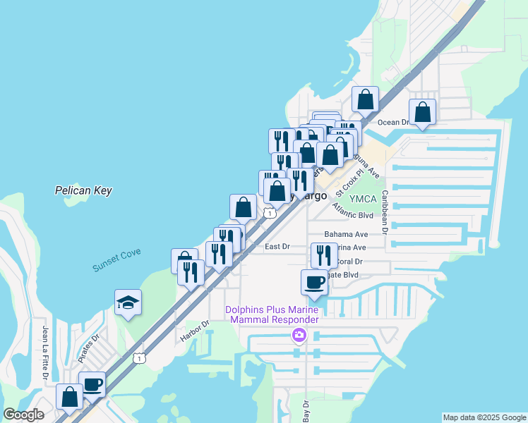 map of restaurants, bars, coffee shops, grocery stores, and more near 99306 Overseas Highway in Key Largo