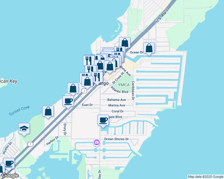 map of restaurants, bars, coffee shops, grocery stores, and more near 225 Saint Croix Place in Key Largo
