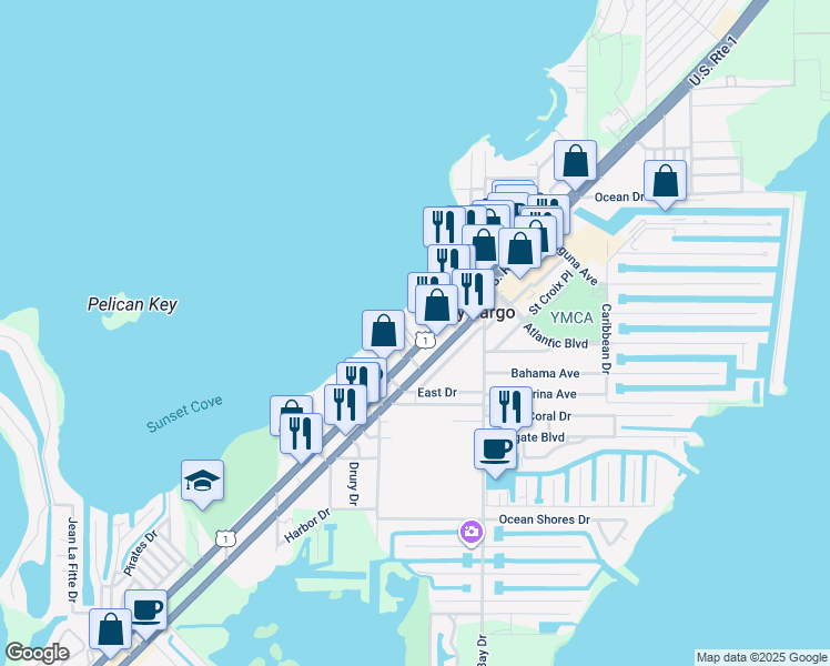 map of restaurants, bars, coffee shops, grocery stores, and more near 99306 Overseas Highway in Key Largo