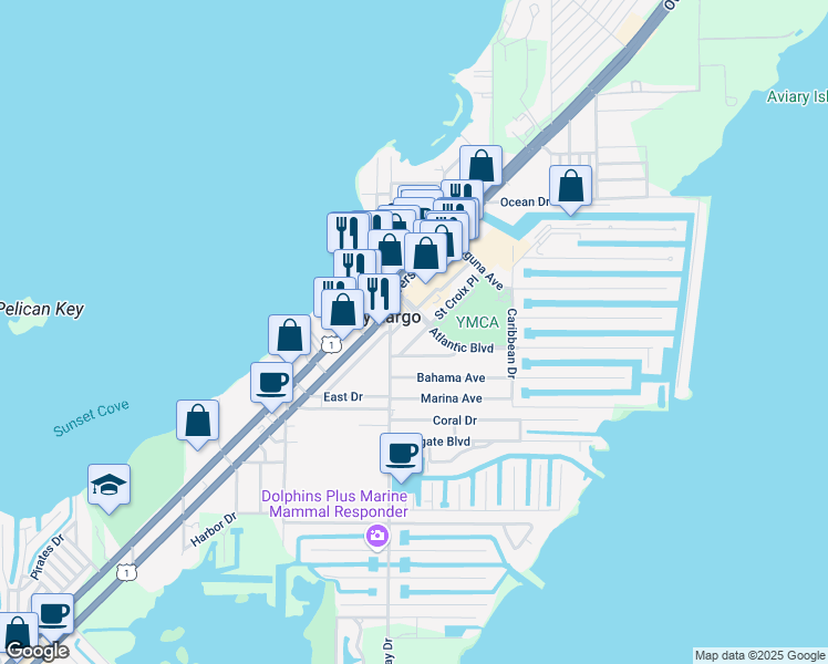 map of restaurants, bars, coffee shops, grocery stores, and more near 225 Saint Croix Place in Key Largo