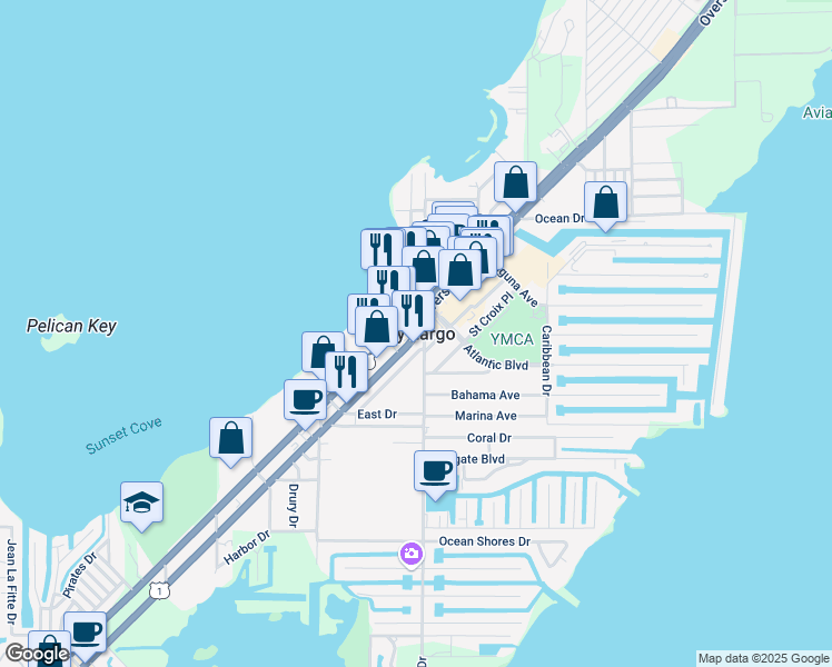 map of restaurants, bars, coffee shops, grocery stores, and more near in Key Largo