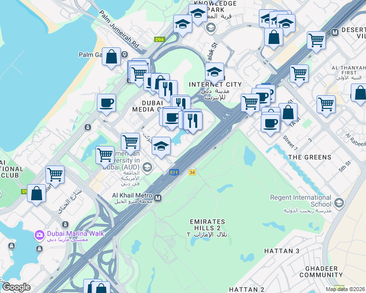 map of restaurants, bars, coffee shops, grocery stores, and more near in Dubai