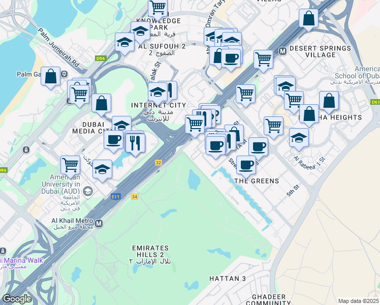 map of restaurants, bars, coffee shops, grocery stores, and more near 1 Sheikh Zayed Road in Dubai