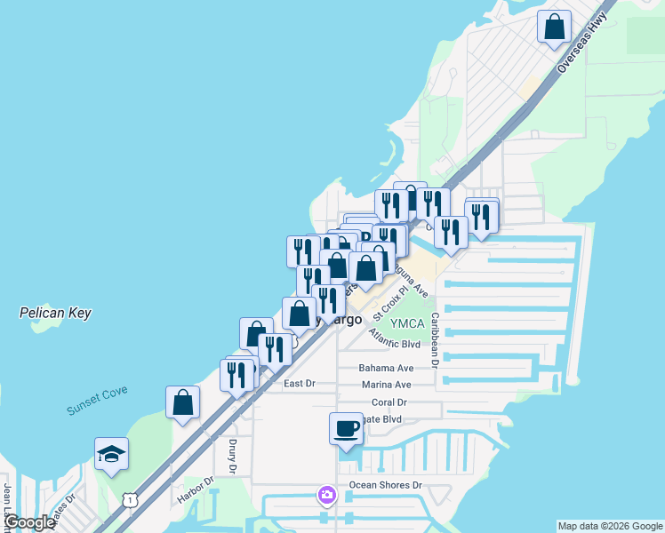map of restaurants, bars, coffee shops, grocery stores, and more near 130 Ocean Bay Drive in Key Largo