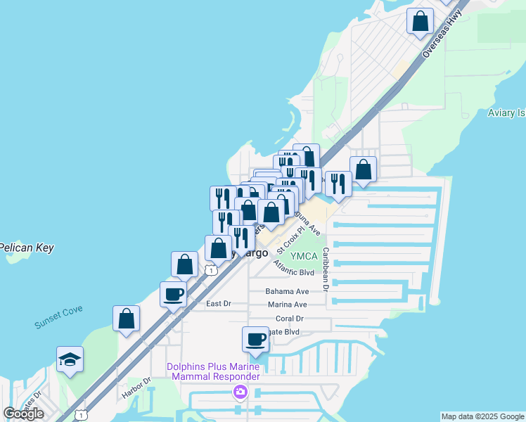 map of restaurants, bars, coffee shops, grocery stores, and more near 99960 Overseas Highway in Key Largo