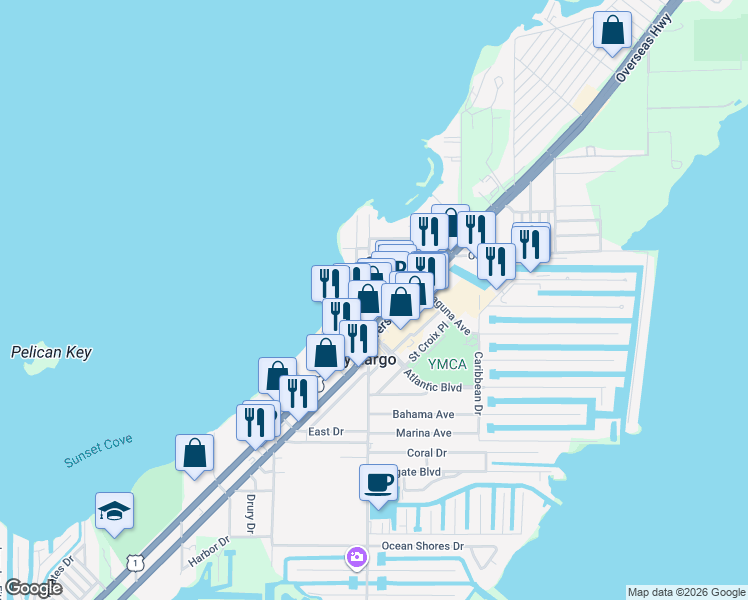map of restaurants, bars, coffee shops, grocery stores, and more near 130 Ocean Bay Drive in Key Largo