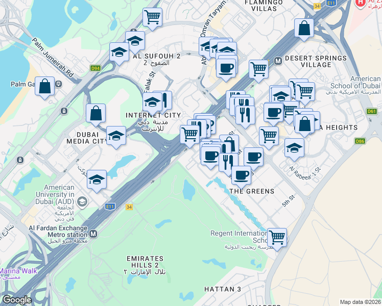 map of restaurants, bars, coffee shops, grocery stores, and more near Sheikh Zayed Road in Dubai