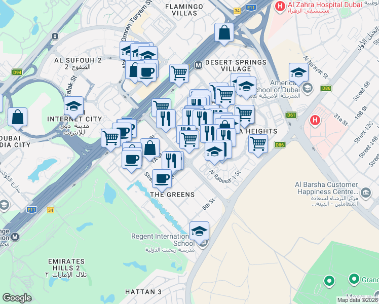 map of restaurants, bars, coffee shops, grocery stores, and more near Jebel Ali Race Course Road in Dubai