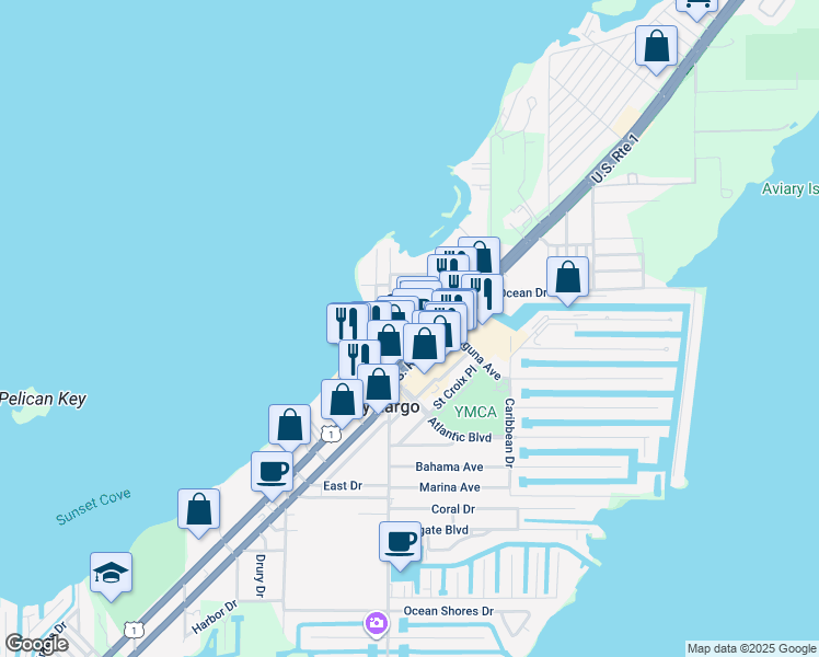 map of restaurants, bars, coffee shops, grocery stores, and more near 99960 Overseas Highway in Key Largo