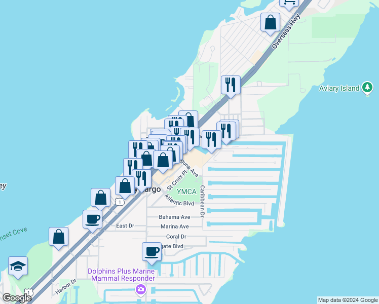 map of restaurants, bars, coffee shops, grocery stores, and more near 99701 Overseas Highway in Key Largo