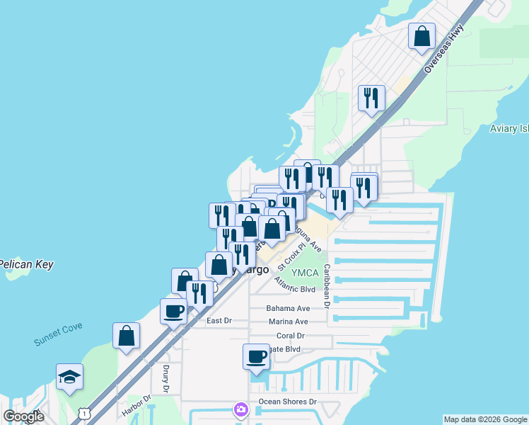 map of restaurants, bars, coffee shops, grocery stores, and more near 99960 Overseas Highway in Key Largo