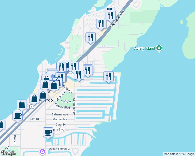 map of restaurants, bars, coffee shops, grocery stores, and more near 517 Caribbean Drive in Key Largo