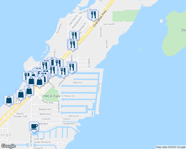 map of restaurants, bars, coffee shops, grocery stores, and more near 510 Caribbean Boulevard in Key Largo