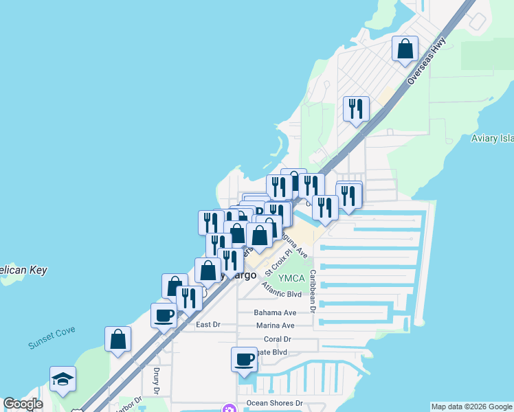 map of restaurants, bars, coffee shops, grocery stores, and more near 357 Bay View Ave in Key Largo