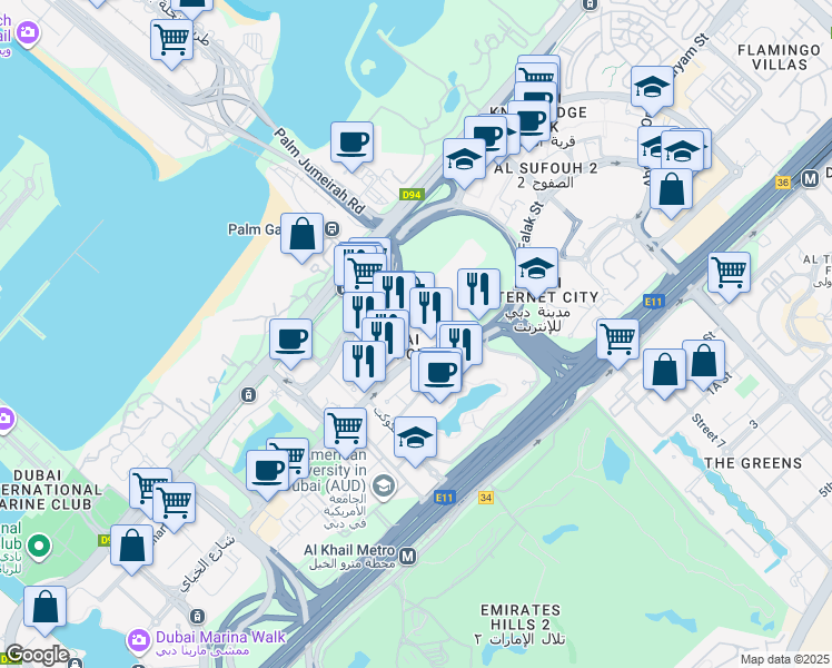 map of restaurants, bars, coffee shops, grocery stores, and more near 3 Street in Dubai