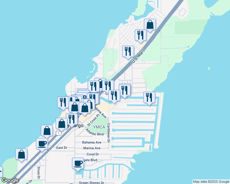 map of restaurants, bars, coffee shops, grocery stores, and more near 116 Ocean Drive in Key Largo