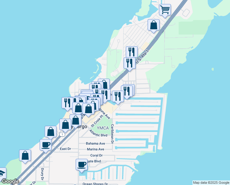 map of restaurants, bars, coffee shops, grocery stores, and more near 116 Ocean Drive in Key Largo