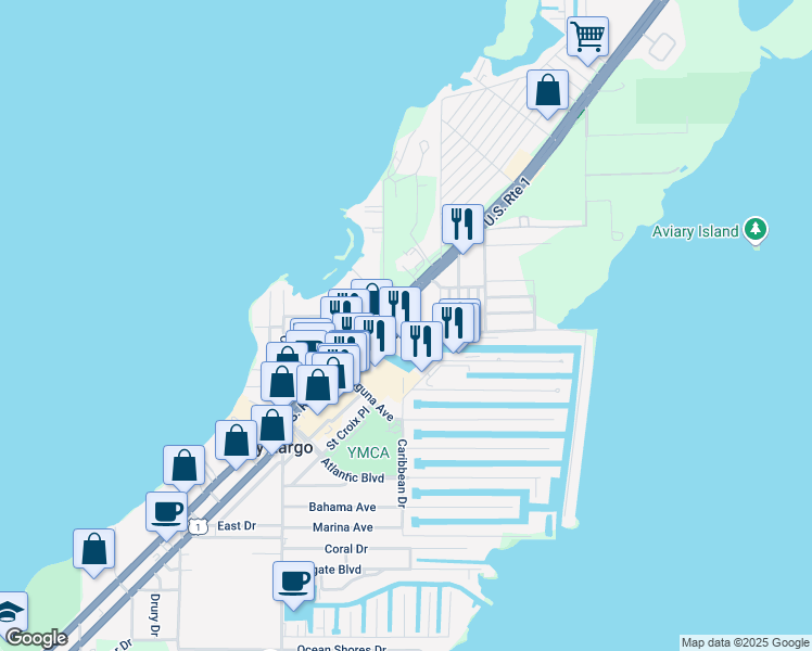 map of restaurants, bars, coffee shops, grocery stores, and more near 99741 Overseas Highway in Key Largo