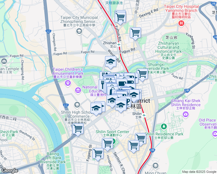 map of restaurants, bars, coffee shops, grocery stores, and more near 126 Wenchang Road in Shilin District