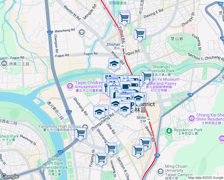 map of restaurants, bars, coffee shops, grocery stores, and more near 126 Wenchang Road in Shilin District