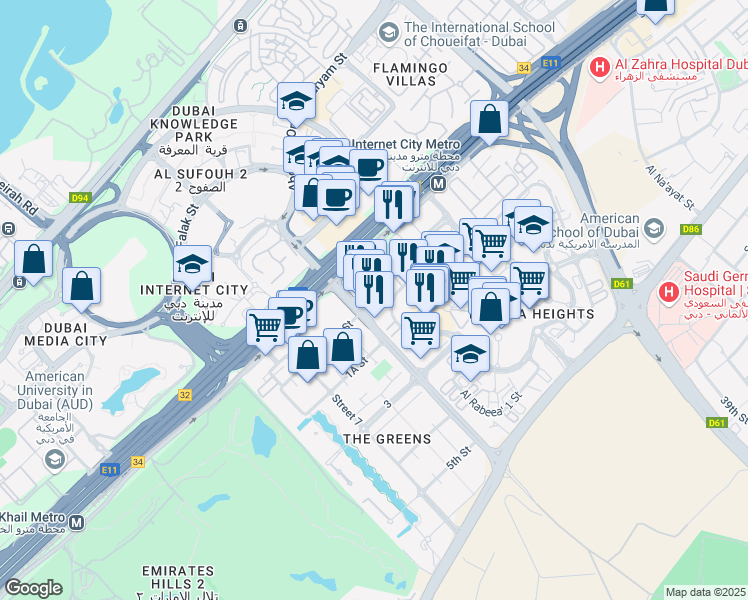 map of restaurants, bars, coffee shops, grocery stores, and more near Jebel Ali Race Course Road in Dubai