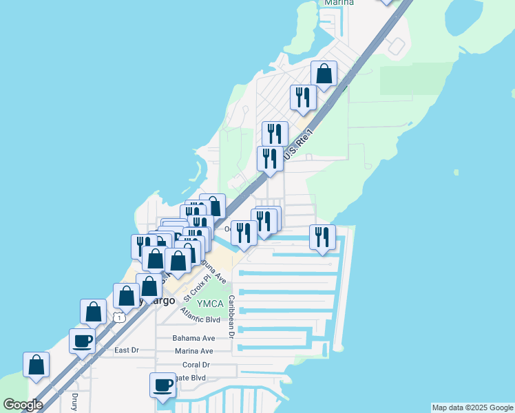 map of restaurants, bars, coffee shops, grocery stores, and more near 100099 Overseas Highway in Key Largo