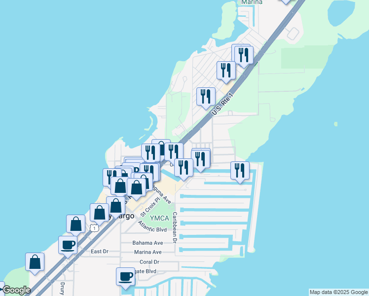 map of restaurants, bars, coffee shops, grocery stores, and more near 100099 Overseas Highway in Key Largo
