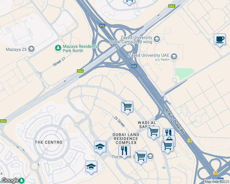 map of restaurants, bars, coffee shops, grocery stores, and more near Al Ain - Dubai Road in Dubai