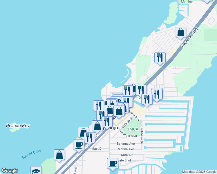 map of restaurants, bars, coffee shops, grocery stores, and more near 100 Ocean Bay Drive in Key Largo