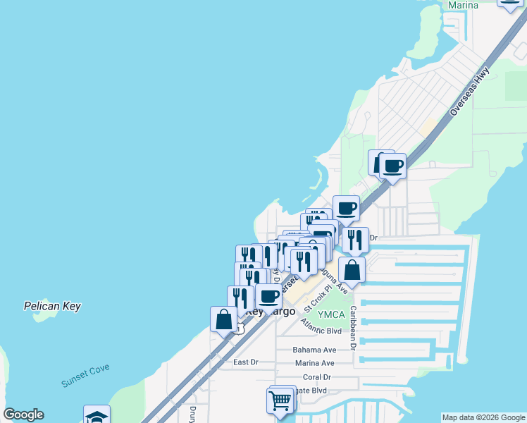 map of restaurants, bars, coffee shops, grocery stores, and more near 100 Ocean Bay Drive in Key Largo