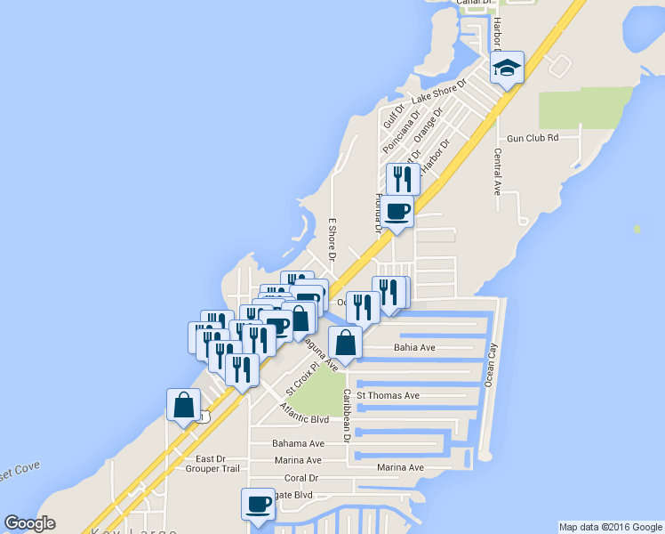 map of restaurants, bars, coffee shops, grocery stores, and more near 101 East Shore Drive in Key Largo