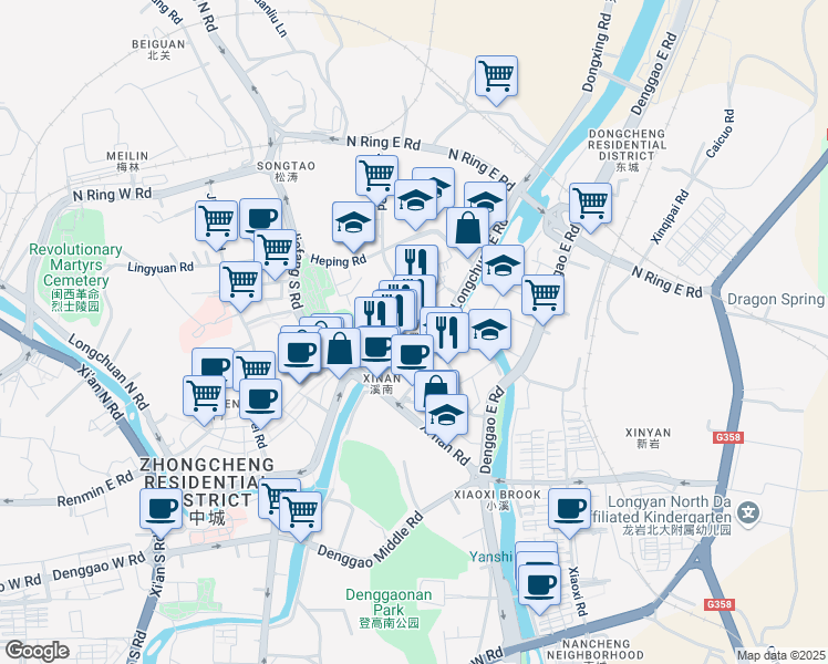 map of restaurants, bars, coffee shops, grocery stores, and more near in Longyan