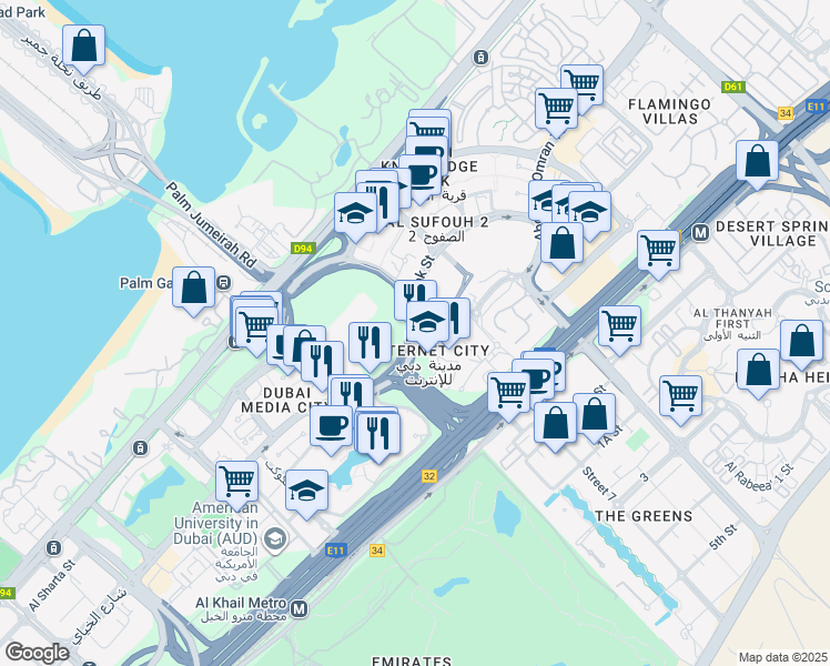 map of restaurants, bars, coffee shops, grocery stores, and more near Al Falak Street in Dubai
