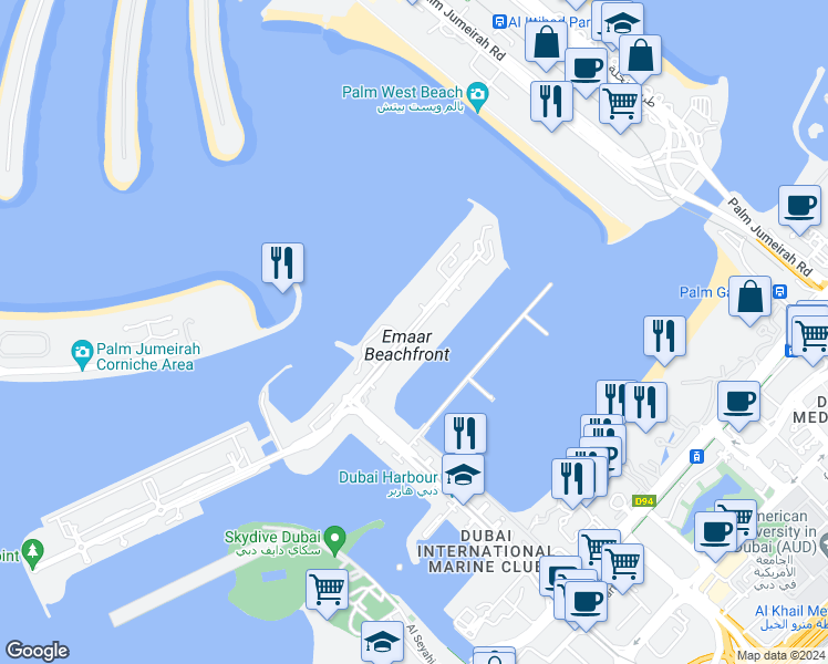 map of restaurants, bars, coffee shops, grocery stores, and more near in Dubai