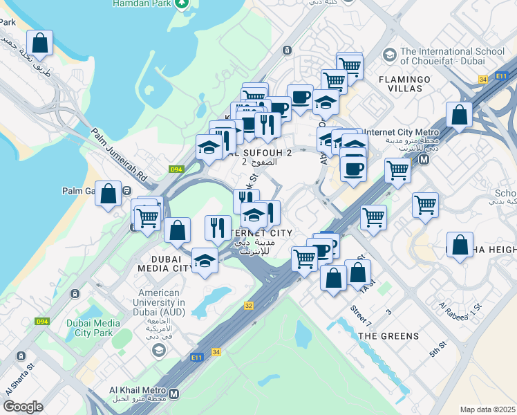 map of restaurants, bars, coffee shops, grocery stores, and more near in Dubai