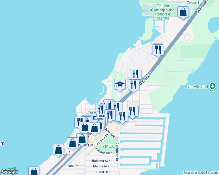 map of restaurants, bars, coffee shops, grocery stores, and more near 120 East Shore Drive in Key Largo