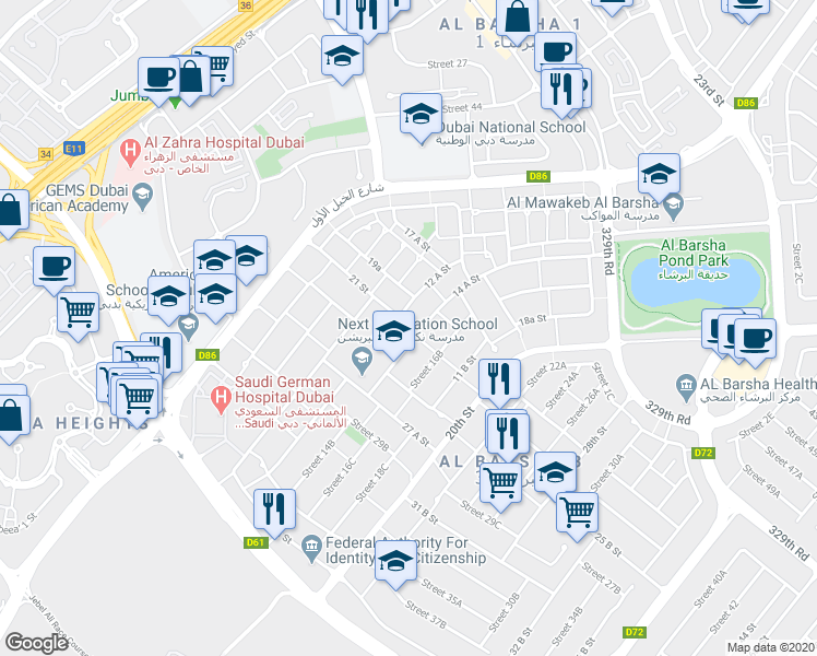 map of restaurants, bars, coffee shops, grocery stores, and more near 28 21a Street in Dubai