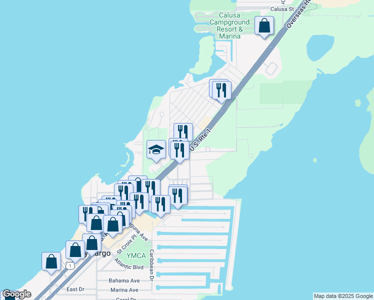 map of restaurants, bars, coffee shops, grocery stores, and more near Overseas Highway in Key Largo