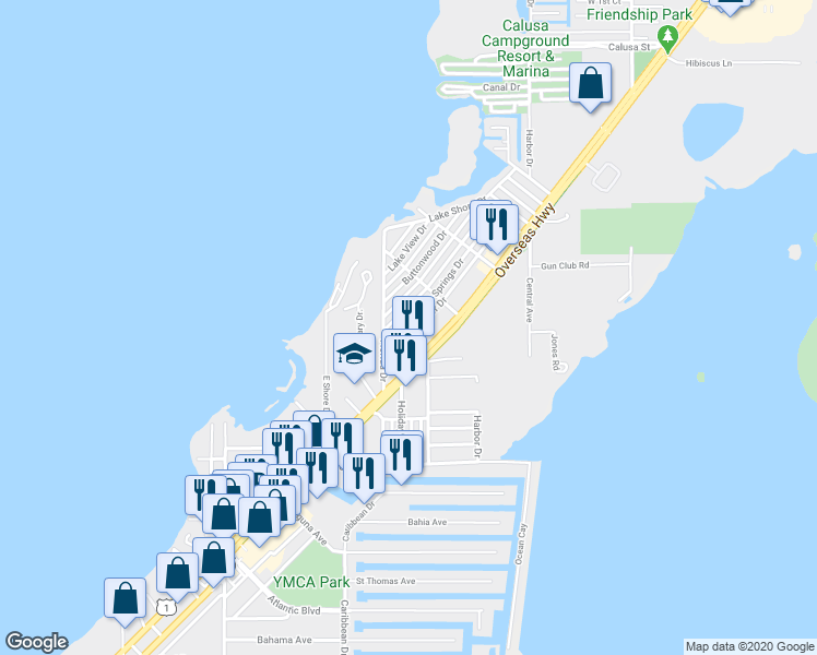 map of restaurants, bars, coffee shops, grocery stores, and more near 10 Silver Springs Drive in Key Largo