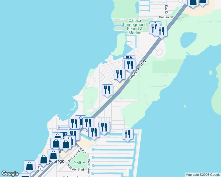 map of restaurants, bars, coffee shops, grocery stores, and more near 26 Silver Springs Drive in Key Largo