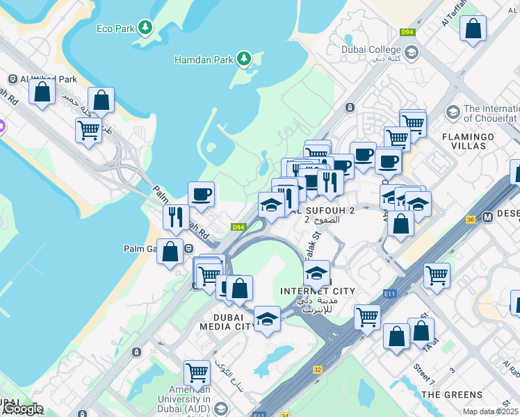 map of restaurants, bars, coffee shops, grocery stores, and more near 95 King Salman Bin Abdulaziz Al Saud Street in Dubai