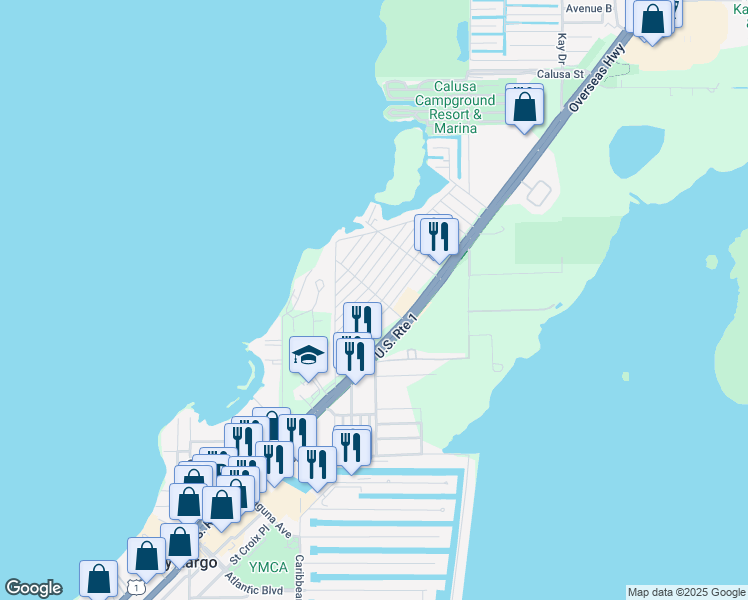 map of restaurants, bars, coffee shops, grocery stores, and more near 86-88 Coconut Drive in Key Largo