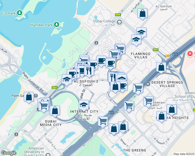 map of restaurants, bars, coffee shops, grocery stores, and more near Al Falak Street in Dubai