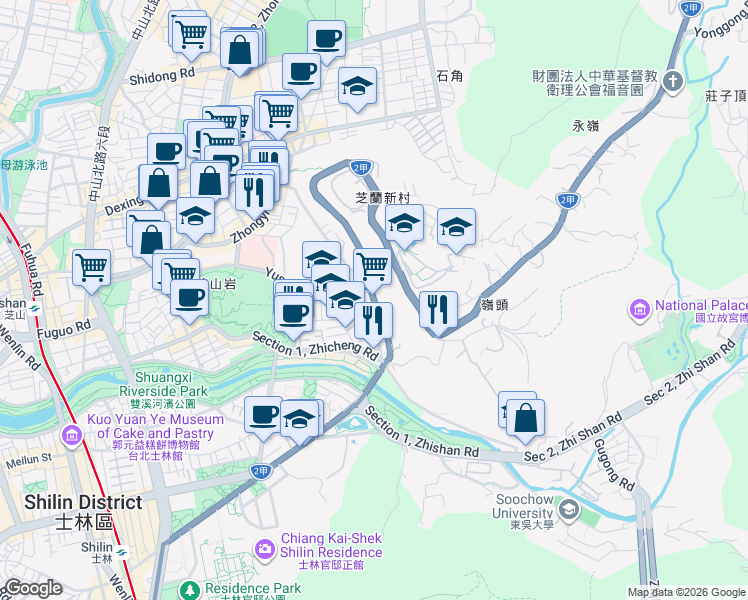 map of restaurants, bars, coffee shops, grocery stores, and more near Section 1, Yangde Boulevard in Shilin District