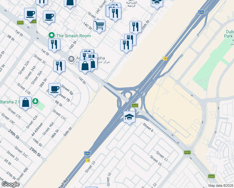 map of restaurants, bars, coffee shops, grocery stores, and more near Umm Suqeim Street in Dubai