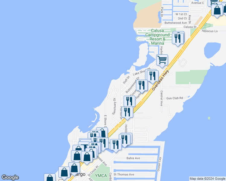 map of restaurants, bars, coffee shops, grocery stores, and more near 407 Sanctuary Drive in Key Largo