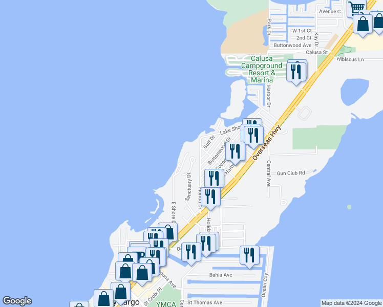 map of restaurants, bars, coffee shops, grocery stores, and more near 407 Sanctuary Drive in Key Largo
